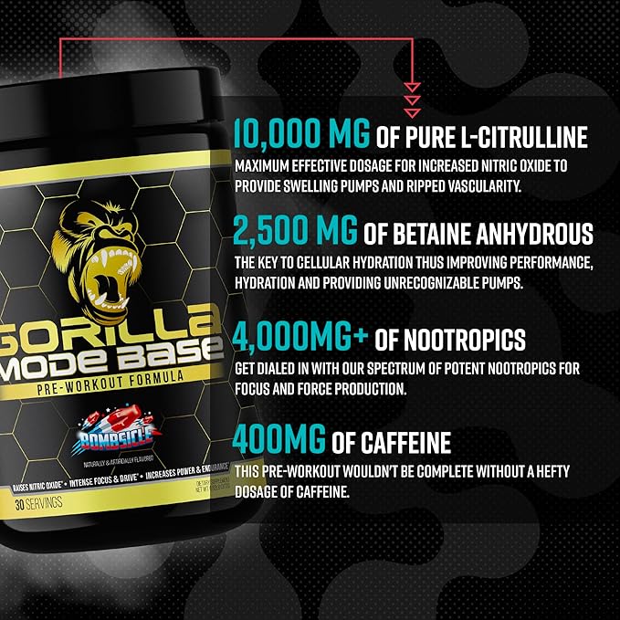 Gorilla Mind Base Pre Workout - Raises Nitric Oxide Intense Focus & Drive Endurance Power - L-Citrulline, L-Tyrosine, Betaine, Alpha-GPC, Caffeine, Huperzine A - 360 Grams (White Gummy Bear)