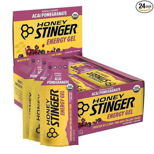 Honey Stinger Organic Acai Pomegranate Energy Gel, Gluten Free & Caffeine Free, for Exercise, Running and Performance, Sports Nutrition for Home & Gym, Pre and Mid Workout, 24 Pack, 26.4 Ounce