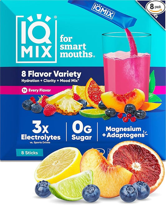 IQMIX Hydration Electrolyte Powder - 4-in-1 Formula for Hydration, Mental Clarity, Mood & Recovery - Sugar-Free, Keto Drink Mix with Magnesium L-Threonate & Lion’s Mane - 8-Count Sampler (All Flavors)