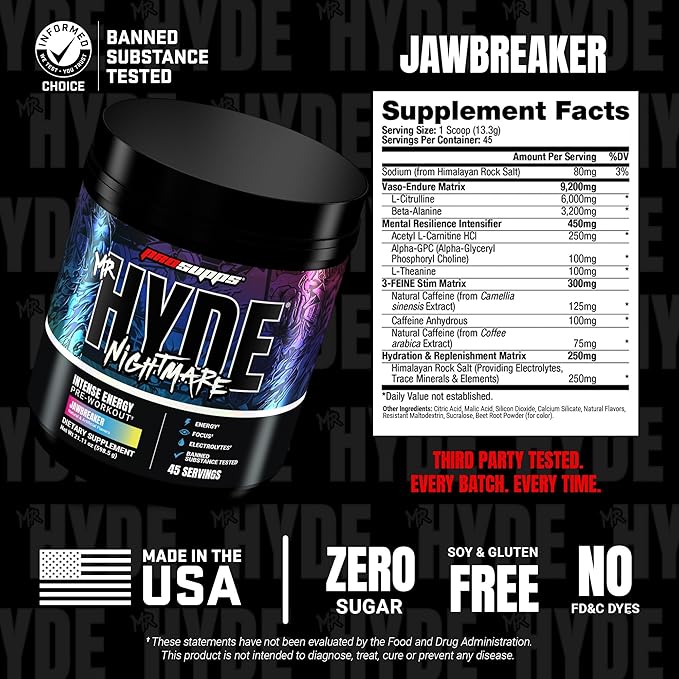 PROSUPPS Mr. Hyde Nightmare Pre Workout Powder with Caffeine & Beta Alanine - Preworkout for Intense Energy, Mental Focus & Performance - Gym & Fitness Supplements (Jawbreaker, 45 Servings)