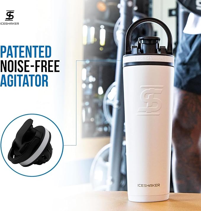 Ice Shaker Insulated Stainless Steel Shaker Bottle | 32oz, White | Cold for 30+ Hours | Insulated Cup with Twist-on Agitator | Odor-Free Bottle for Protein Shakes, Water, Smoothies, Cocktails