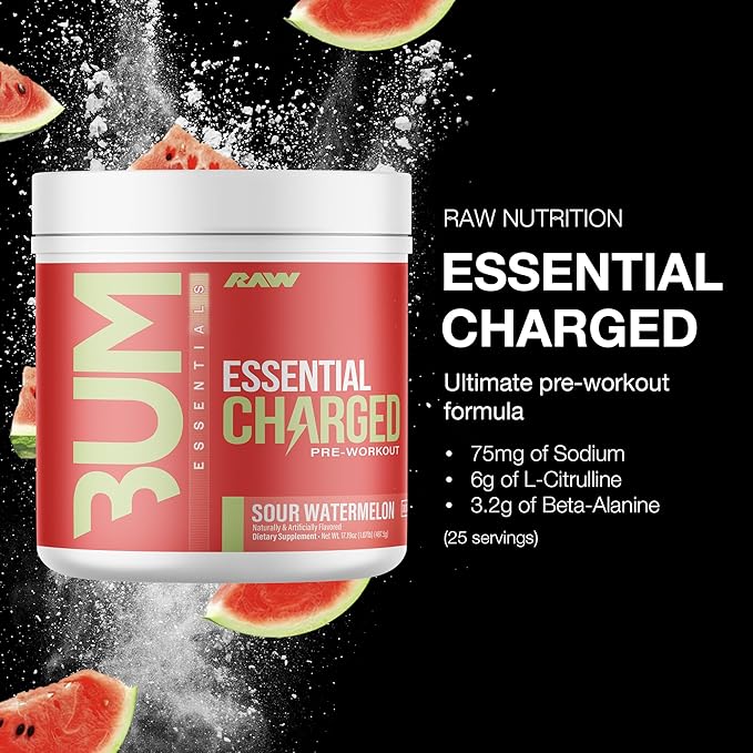 RAW Pre-Workout Powder, Essential CHARGED (Sour Watermelon) - Preworkout Supplement for Men & Women - Supports Focus, Mood & Performance - Caffeine, Alpha-GPC, L-Citrulline, Beta Alanine (25 Servings)