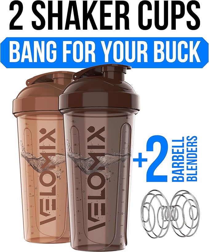 VELOMIX -2 Pack- 28 oz Protein Shaker Bottles for Protein Mixes - 2x Wire Whisk | Leak Proof Shaker Cups for Protein Shakes | Protein Shaker Bottle Pack | Shakers for Protein Shakes-Brown Colors