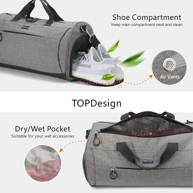 TOPDesign Gym Bag for Women & Men, Unisex Duffel Bag with Shoe Compartment & Wet Pocket for Travel Sports Gym (M Textured Grey)