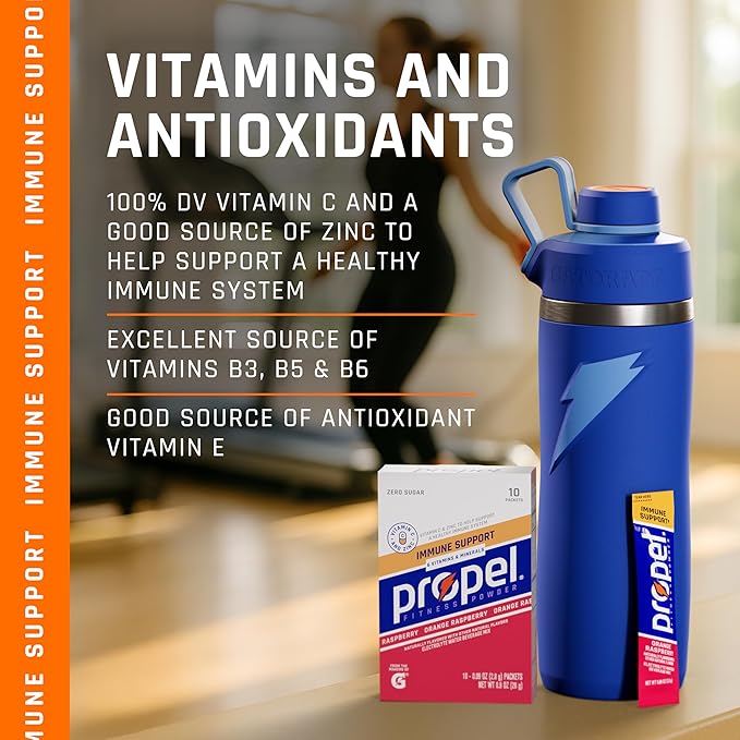 Propel Immune Support Electrolyte Enhanced Water Drink Mix Powder Packets, Orange Raspberry, 100% DV Vitamin C, Good source of Zinc, Zero Sugar Hydration with Electrolytes and Vitamins (120 Packets)
