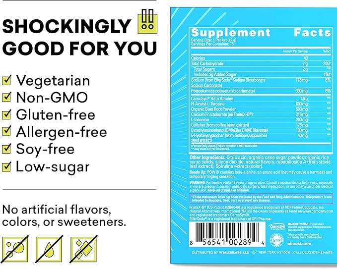 EBOOST POW Natural Pre Workout Powder - 15 Packets, Blue Raspberry - Preworkout Energy Booster Gym Supplement Drink Mix for Men and Women - Performance, Joint Mobility Support - Gluten-Free