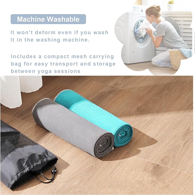 Yoga Mat Towel with Alignment Lines, Non-Slip Yoga Towel for Hot Yoga, Pilates, Exercie, Fitness, Machine Washable with Mesh Storage Bag(Dark Green)
