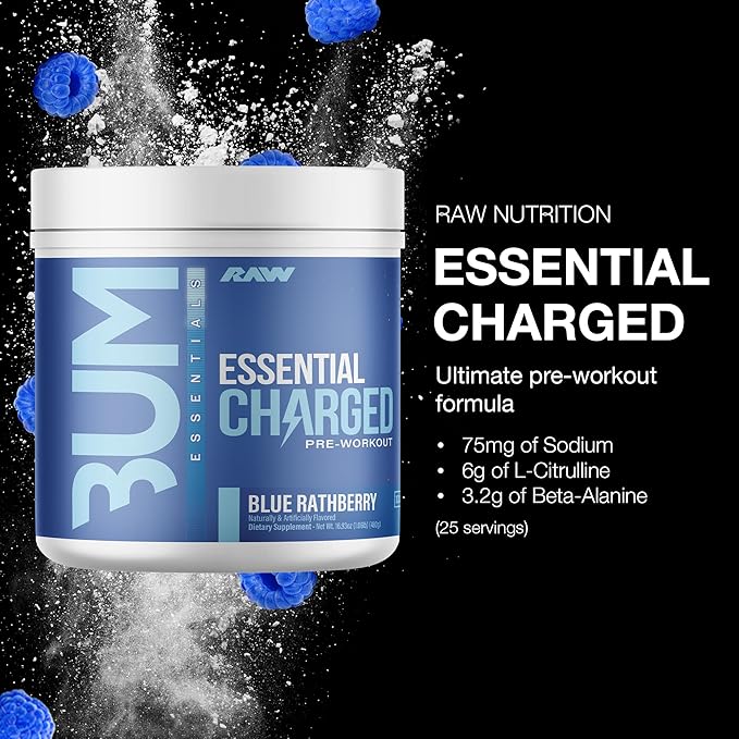 RAW Pre-Workout Powder, Essential CHARGED (Blue Rathberry) - Preworkout Supplement for Men & Women - Supports Focus, Mood, & Performance - Caffeine, Alpha-GPC, L-Citrulline, Beta Alanine (25 Servings)