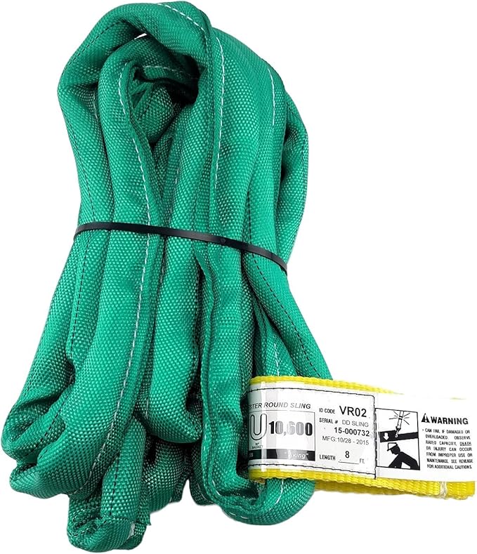 USA Made VR2 X 8' Green Slings 4'-30' Lengths in Listing, Double PLY Cover Endless Round Poly Lifting Slings, 5,300 lbs Vertical, 4,240 lbs Choker, 10,600 lbs Basket (USA Poly)(8 FT)