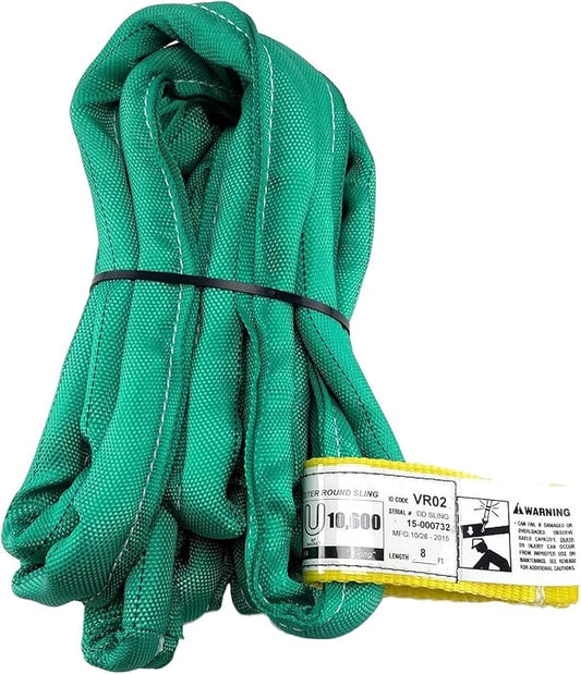 USA Made VR2 X 8' Green Slings 4'-30' Lengths in Listing, Double PLY Cover Endless Round Poly Lifting Slings, 5,300 lbs Vertical, 4,240 lbs Choker, 10,600 lbs Basket (USA Poly)(8 FT)