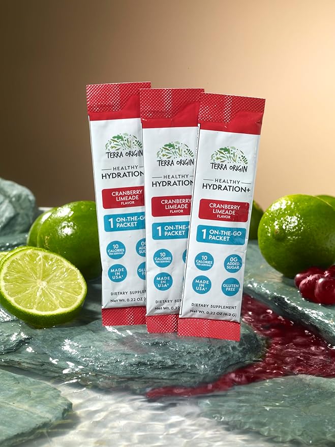 TERRA ORIGIN Healthy Hydration+ Recovery Drink Mix | 30 Stick Packs | Zero Sugar Added, Gluten Free | Cranberry Limeade
