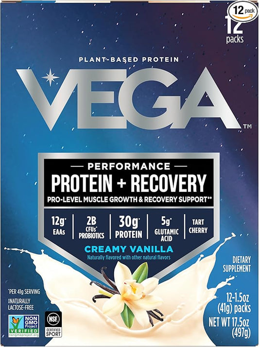 Vega Protein + Recovery - 30g Plant-Based Protein per Serving, Vanilla, 12 x 1.6oz Sachets, 5g BCAAs, Probiotics, NSF Certified, For Shakes & Smoothies, (Packaging May Vary)