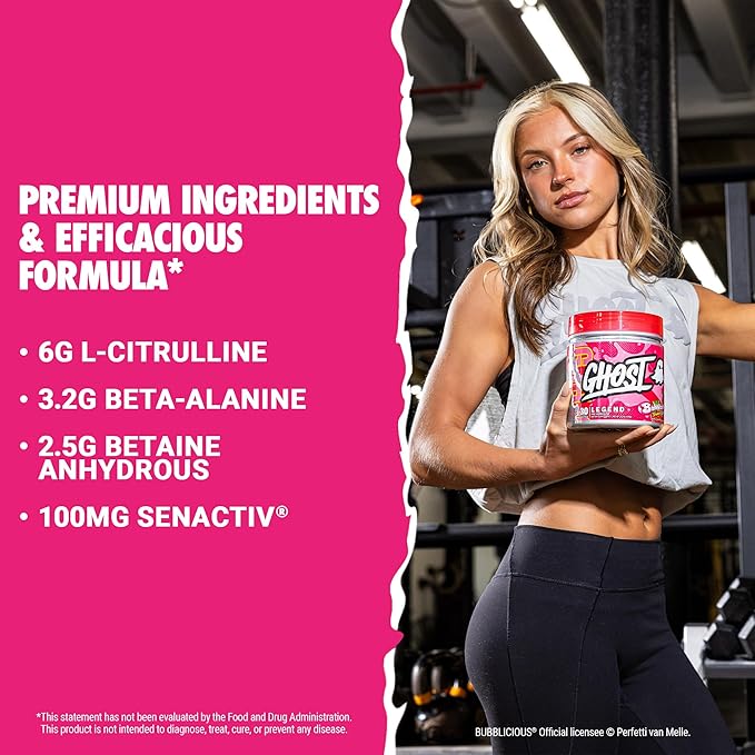 GHOST Legend Pre-Workout Powder, Bubblicious Strawberry Splash - 30 Servings – Pre-Workout for Men & Women with Choline, L-Citrulline, & Beta Alanine for Energy & Focus