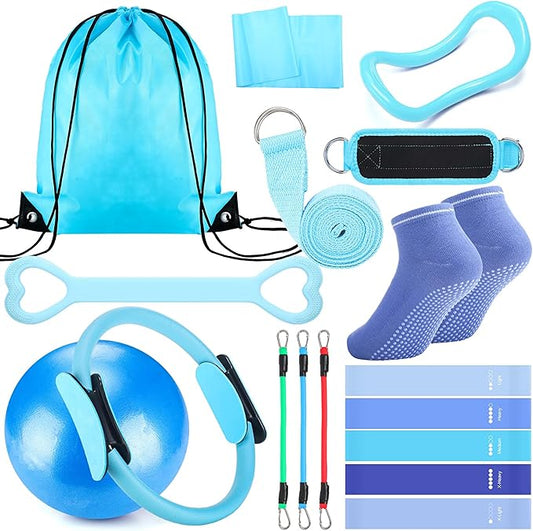 Pilates Ring Circle Set 18 Pcs Exercise Equipment Accessories for Women Workouts Pilates Ball Stretching Strap Magic Circle Yoga Ring Gym Back Bag Resistance Band Anti Slip Socks