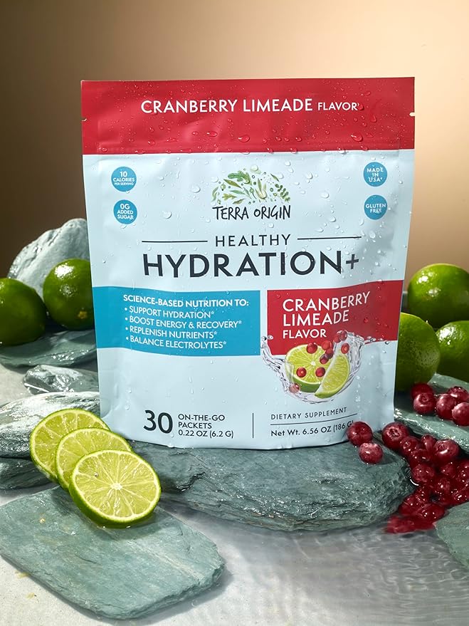 TERRA ORIGIN Healthy Hydration+ Recovery Drink Mix | 30 Stick Packs | Zero Sugar Added, Gluten Free | Cranberry Limeade