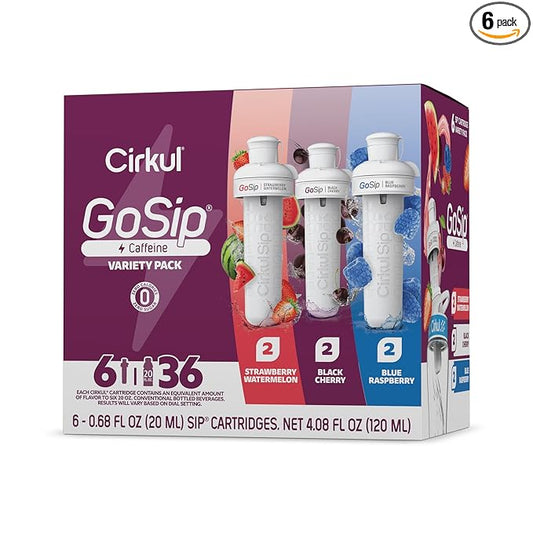 Cirkul GoSip Caffeine Flavor Water Variety Pack, Makes 36 Drinks, No Sugar, Zero Calorie Drink Mix, (2 Blue Raspberry, 2 Black Cherry, 2 Strawberry Watermelon)