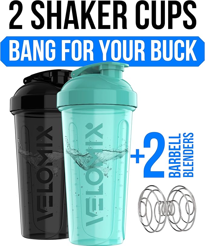 VELOMIX -2 Pack- 28 oz Protein Shaker Bottles for Protein Mixes - 2x Wire Whisk | Leak Proof Shaker Cups for Protein Shakes | Protein Shaker Bottle Pack (Black/Turquoise)