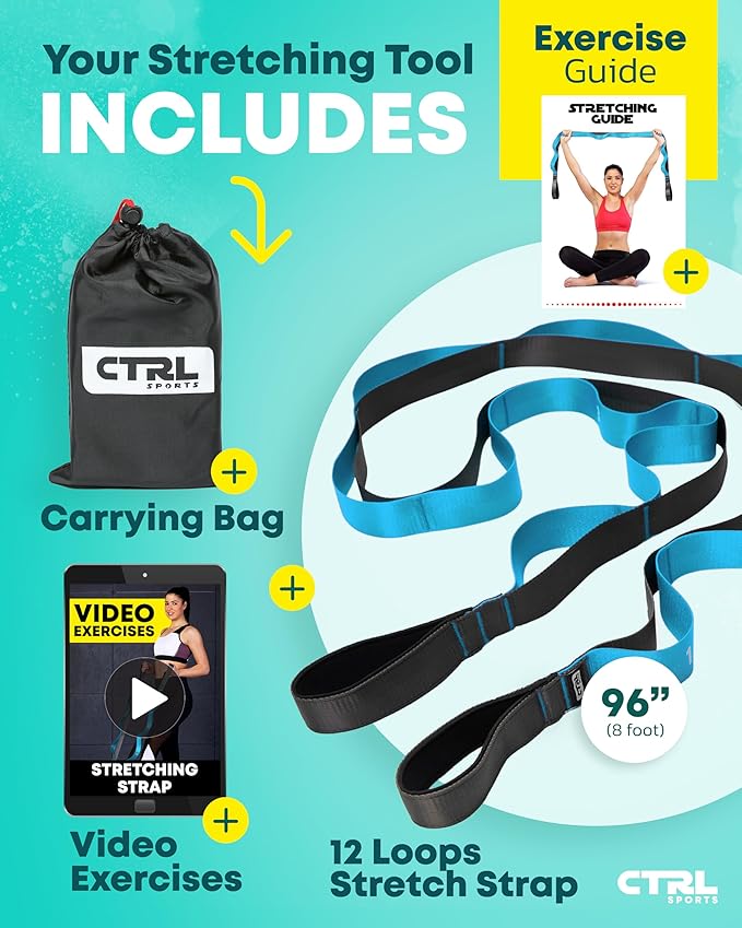 Stretching Strap with Loops - Non Elastic Stretch Band for Physical Therapy, Yoga Strap for Stretching Equipment, Stretch Bands for Exercise and Flexibility - Fascia, Hamstring & Leg Stretcher Belt