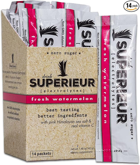 Superieur Electrolyte Powder Packets - Vegan Electrolyte Hydration Powder w/Sea Minerals - Keto Friendly, Non-GMO, Zero Sugar Electrolyte Supplement - Healthy Sports Drink - Watermelon (14 Packets)