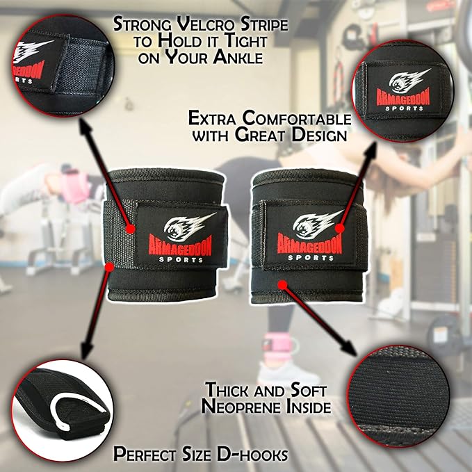 ARMAGEDDON SPORTS Pair of Quality Ankle Straps Double D-Rings for Cable Machines Attachment - Ankle Cuff for Leg Workout Equipment Exercise Machine - Ankle Cable Straps for Men and Women