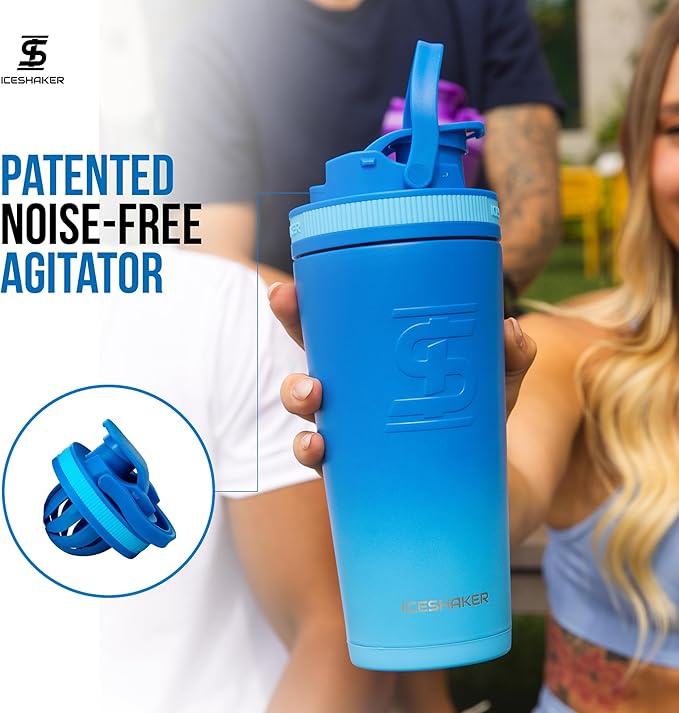 Ice Shaker Insulated Stainless Steel Shaker Bottle | 26oz, Blue Color Rush | Cold for 24+ Hours | Insulated Cup with Twist-on Agitator | Odor-Free Bottle for Shakes, Water, Smoothies, Cocktails