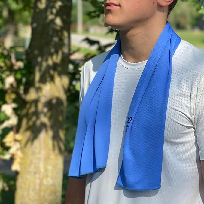 SHAKEitCOOL Extended Size Cooling Towel โ Be Cool in Style - Heat Relief, Soft, Lightweight, Sun Protection, Easy Clean - Perfect for Biking, Hiking, Running, Yoga, Golf, Gardening - Blue M