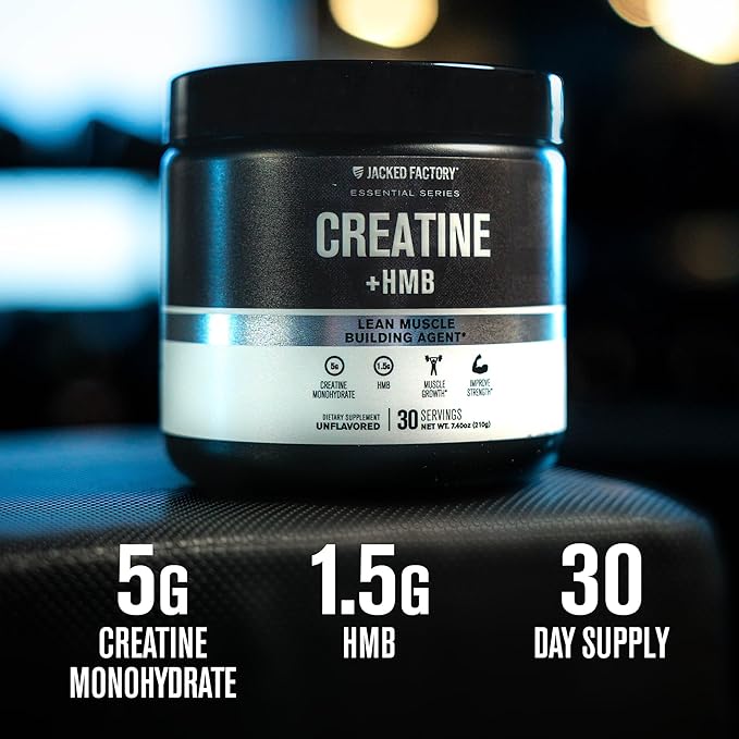 Jacked Factory Creatine HMB Powder Supplement with Creatine Monohydrate & HMB for Men & Women for Muscle Growth, Increased Strength, Enhanced Energy - 30 Servings, Unflavored