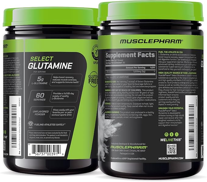 MusclePharm Glutamine, Pure L-Glutamine Powder Supplement for Post Workout Muscle Recovery, Energy & Gut Health, 5g L Glutamine Powder per Serving, Gluten-Free, Unflavored, 60 Servings