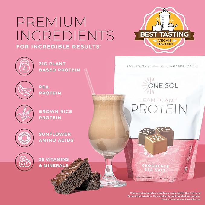 One Sol Lean Plant-Based Protein Powder, Pea & Brown Rice Protein, Low Carb, Vegan Friendly - Gluten, Lactose, & Soy Free - No Added Sugar, Non-GMO, Clean Nutrition, No Bloating (Chocolate Sea Salt)