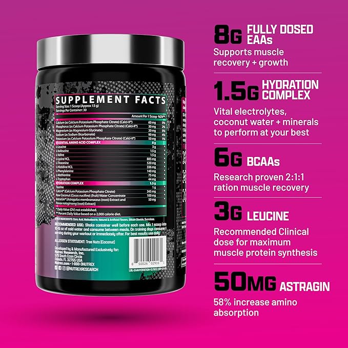 Nutrex Research EAA Hydration | EAAs + BCAA Powder | Muscle Recovery, Strength, Muscle Building, Endurance | 8G Essential Amino Acids + Electrolytes | Strawberry Watermelon 30 Serving
