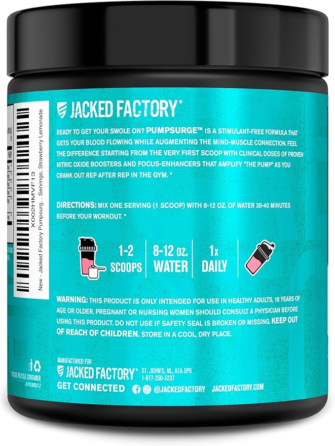 Jacked Factory Pumpsurge Caffeine Free Pre Workout for Men & Women - Nootropic Booster & Stim Free Pre Workout - Intense Pumps, Enhanced Focus - 30 Servings, Strawberry Lemonade
