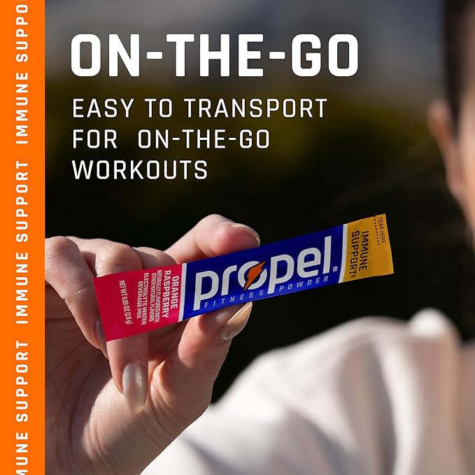 Propel Immune Support Electrolyte Enhanced Water Drink Mix Powder Packets, Orange Raspberry, 100% DV Vitamin C, Good source of Zinc, Zero Sugar Hydration with Electrolytes and Vitamins (120 Packets)