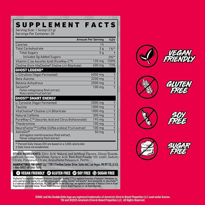 GHOST Legend Pre Workout Powder, Sonic Cherry Limeade - 30 Servings – Pre-Workout for Men & Women with Choline, L-Citrulline, & Beta Alanine for Energy & Focus