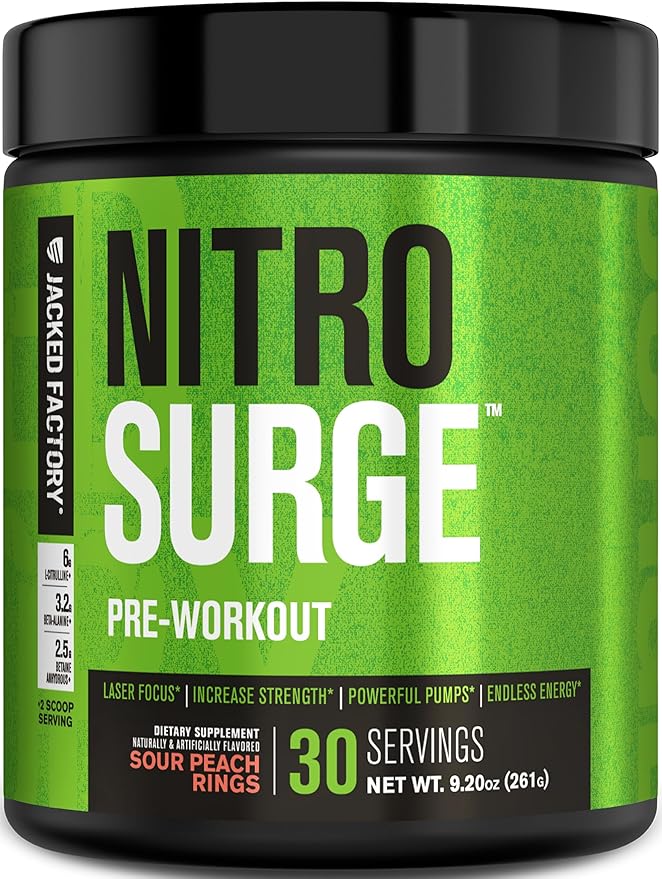 Jacked Factory NITROSURGE Pre Workout Supplement - Endless Energy, Instant Strength Gains, Clear Focus, Intense Pumps - NO Booster & Powerful Preworkout Energy Powder - 30 Servings, Sour Peach Rings