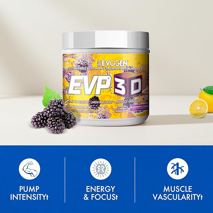 Evogen EVP-3D | Extreme Pre-Workout Pump Ignitor, Arginine Nitrate, Citrulline, Beta-Alanine, Lions Mane | BlackBerry Lemonade | 40 Servings