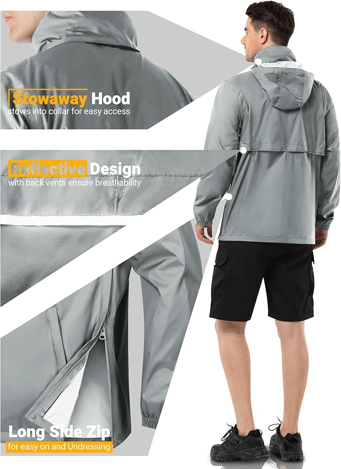 Outdoor Ventures Men's Rain Jacket Waterproof Lightweight Packable Rain Pullover for Hiking Golf Running
