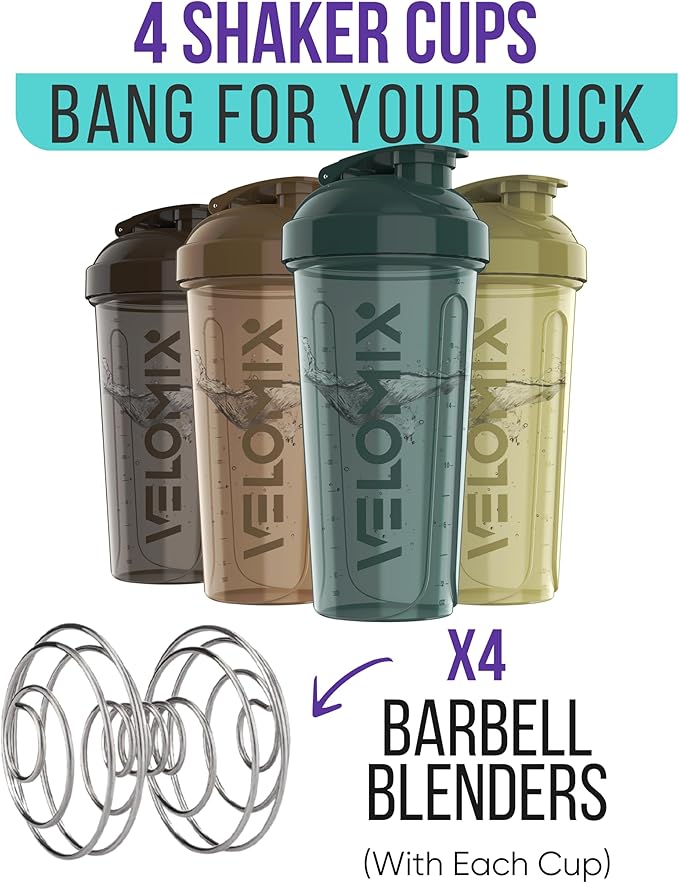VELOMIX -4 PACK- 28 oz Protein Shaker Bottle for Protein Mixes - 4x Wire Whisk | Leak Proof Shaker Cups for Protein Shakes | Protein Shaker Bottle Pack | Protein Shake Cup (Urban Clay)