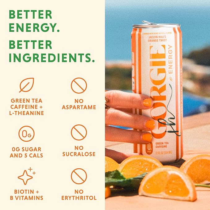 GORGIE Sugar Free Natural Energy Drinks, Jaclyn Hill Orange Twist (12 Pack) Healthy Sparkling Energy Drinks Natural Coffee Replacement with Green Tea Caffeine and Biotin, Vegan, Low Calorie