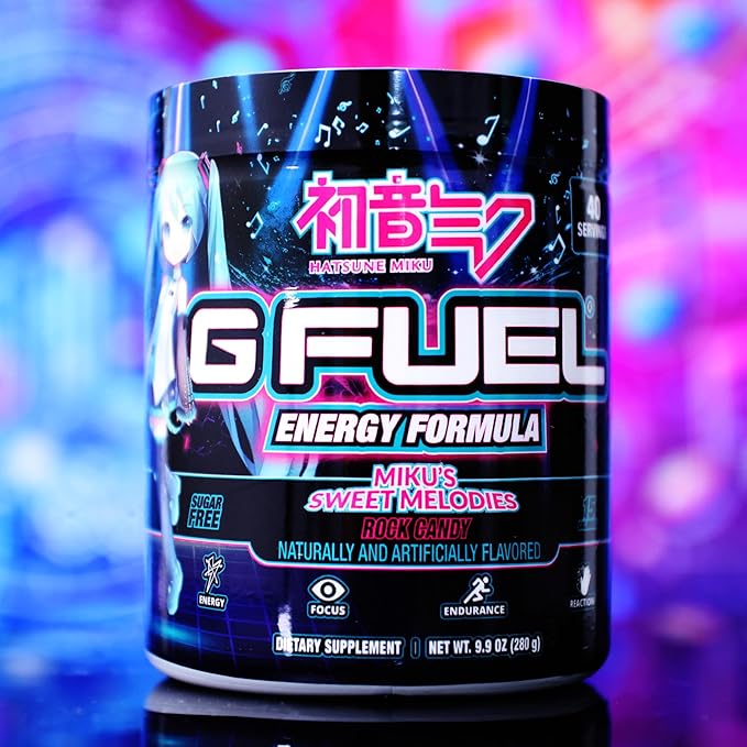 G Fuel Sweet Melodies Hatsune Miku Energy Drink Powder, Pre Workout Caffeine Mix for Gaming, Sugar Free Focus Amino, Vitamin + Antioxidants, 9.9oz (Rock Candy, 40 Servings)