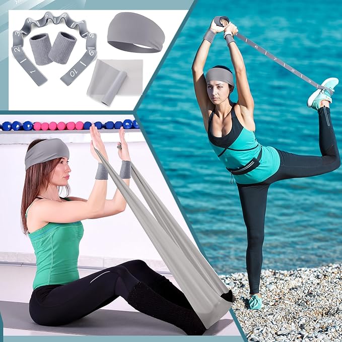Poen 18 Pcs Pilates Ring Kit Home Pilates Ring Circle and Ball Set for Women Yoga Fitness Set with 5 Resistance Band Stretching Strap Non Slip Sock Ball Core Slider Wristband Headband Gym Bag