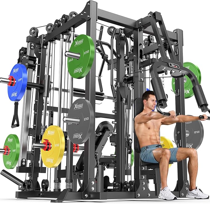 Smith Machine with Cable Crossover System, Multi-Function Squat Rack Power Cage for Home Gym, Power Rack and Packages Weight Sets