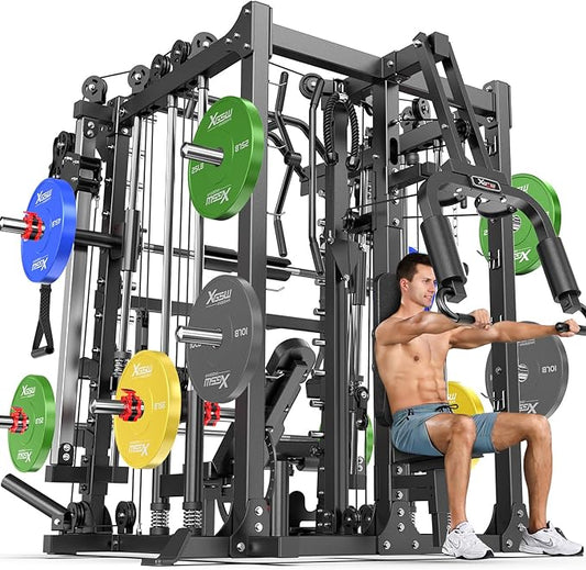 Smith Machine with Cable Crossover System, Multi-Function Squat Rack Power Cage for Home Gym, Power Rack and Packages Weight Sets
