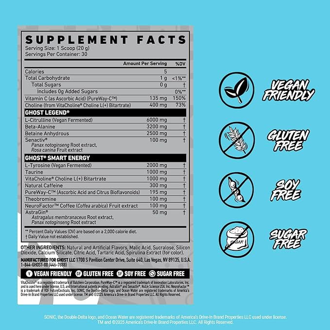 GHOST Legend Pre-Workout Powder, Sonic Ocean Water - 30 Servings – Pre-Workout for Men & Women with Choline, L-Citrulline, & Beta Alanine for Energy & Focus