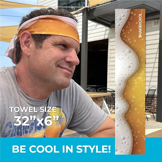 SHAKEitCOOL Original Cooling Towel โ Be Cool in Style - Heat Relief, Soft, Lightweight, Sun Protection, Easy Clean - Perfect for Biking, Running, Yoga, Gym, Gardening - Beer