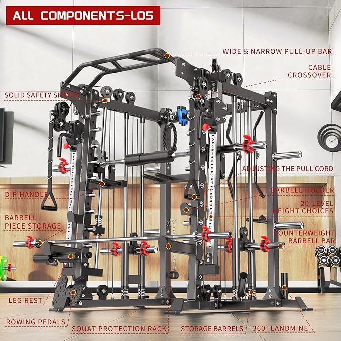 Smith Machine with Cable Crossover System, Multi-Function Squat Rack Power Cage for Home Gym, Power Rack and Packages Weight Sets