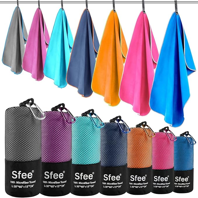 Sfee 2 Pack Microfiber Travel Towel, Quick Dry Beach CampingTowel Super Absorbent Compact Lightweight Sport Gym Towels for Beach, Gym, Hiking, Pool, Backpacking, Bath, Yoga