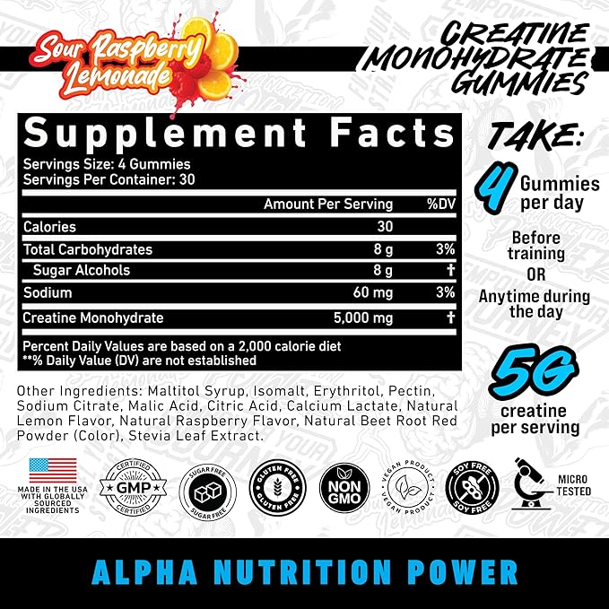 Creatine Monohydrate Gummies 5g - Sour Raspberry Lemonade Flavored Creatine for Men and Women - Supplement Supports Muscle Growth, Energy, Pre and Post Workout, Focus & Cognition, Recovery (120 Count)