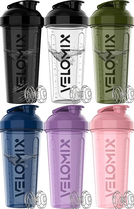 VELOMIX -6 PACK- 28 oz Protein Shaker Bottle for Protein Mixes - 6x Wire Whisk | Leak Proof Shaker Cups for Protein Shakes | Protein Shaker Bottle Pack | Protein Shake Cup (Dynamic Fuel Series)