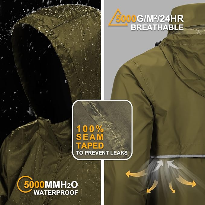 Outdoor Ventures Men's Rain Jacket Waterproof Lightweight Packable Rain Pullover for Hiking Golf Running
