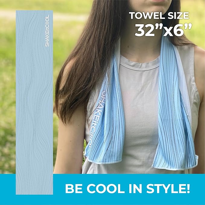SHAKEitCOOL Original Cooling Towel โ Be Cool in Style - Heat Relief, Soft, Lightweight, Sun Protection, Easy Clean - Perfect for Biking, Running, Yoga, Gym, Gardening - Blue Wave